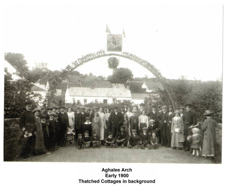 Aghalee Arch, Early 1900. Thatched cottages in background