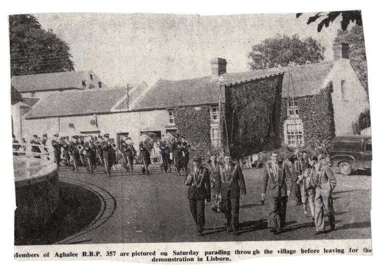 Members of Aghalee R.B.P. 357 pictured passing through the village