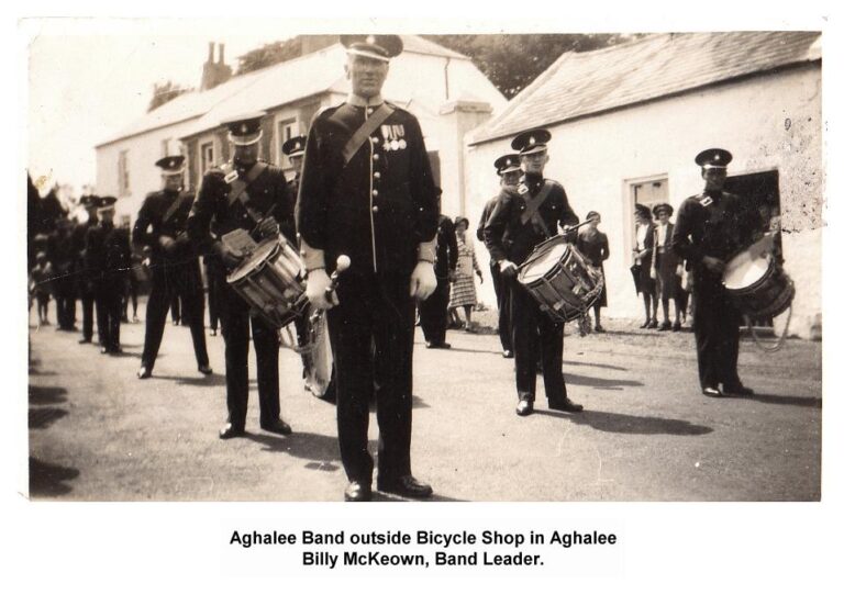 Aghalee Band outside Bicycle Shop in Aghalee. Billy McKeown, Band Leader